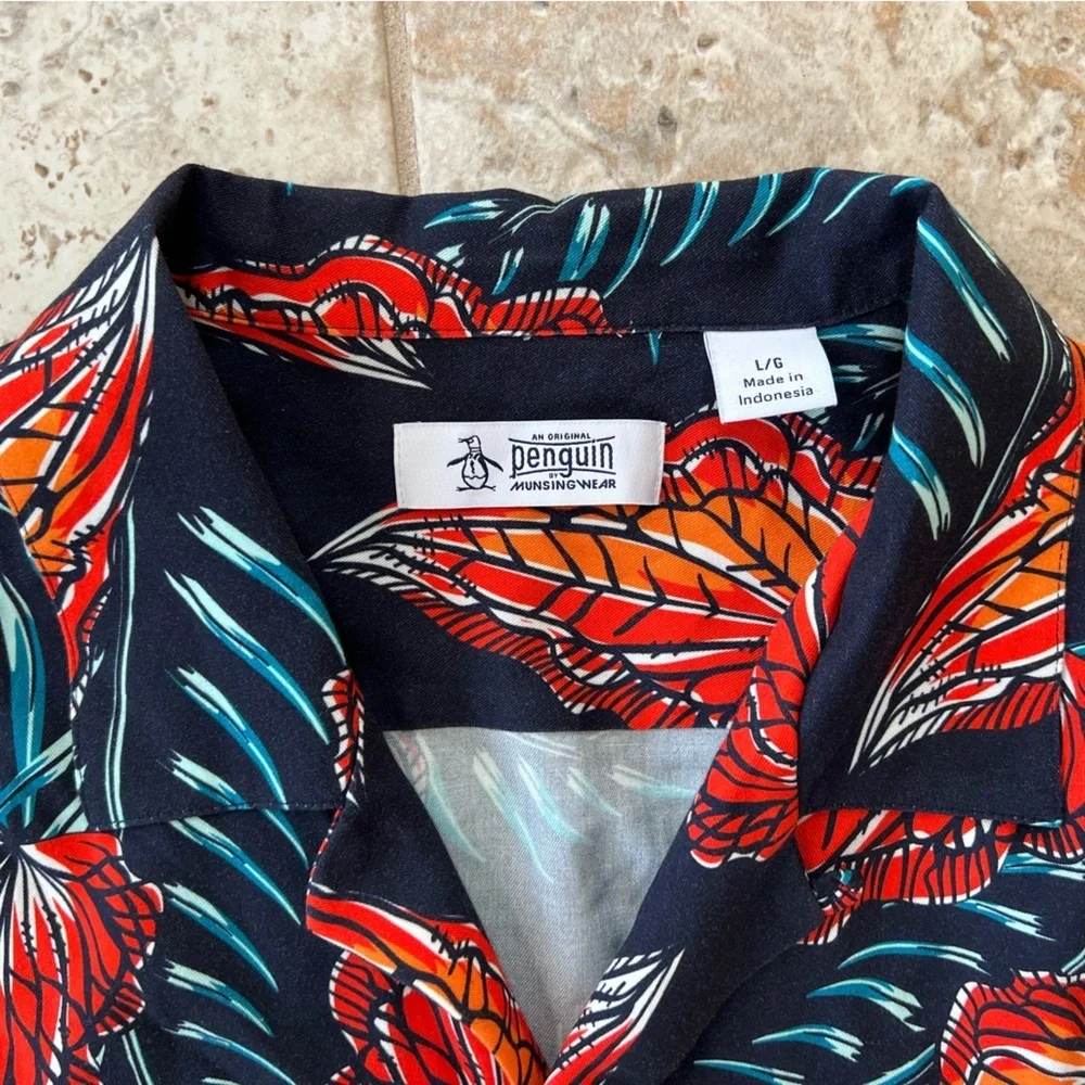 Original Penguin NWT Leaves Short Sleeve Button Down Slim Fit Camp Shirt, L - Picture 6 of 11